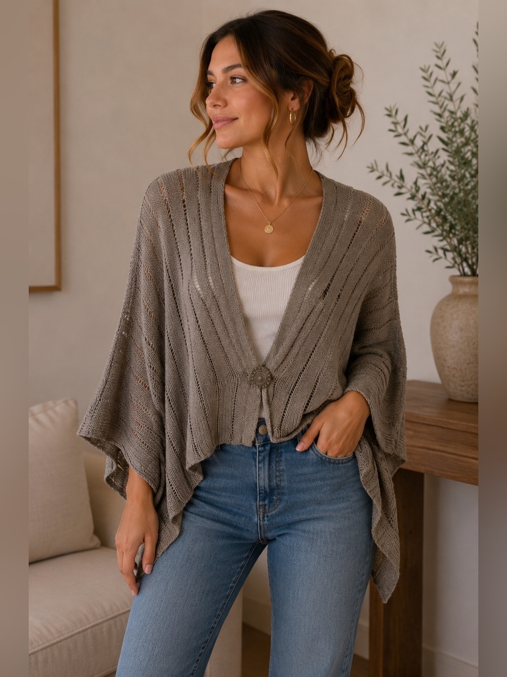 Cecile Benac Hand Knit Elegant Shrug Open front Cardigan Size L Cottagecore